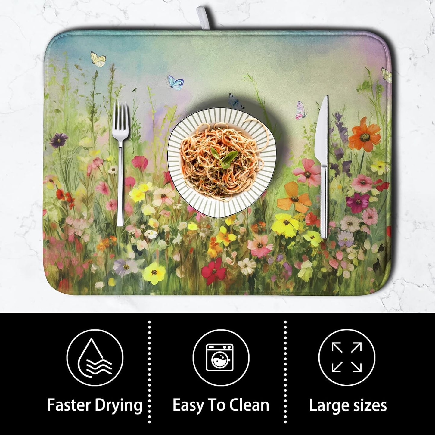Spring Floral Dish Drying Mat for Kitchen Counter 16x18 Inch Sage Green Wild Flowers Drying Mats Spring Summer Plant Microfiber Absorbent Dish Rack Pad for Coffee Bar Sinks Home Accessories