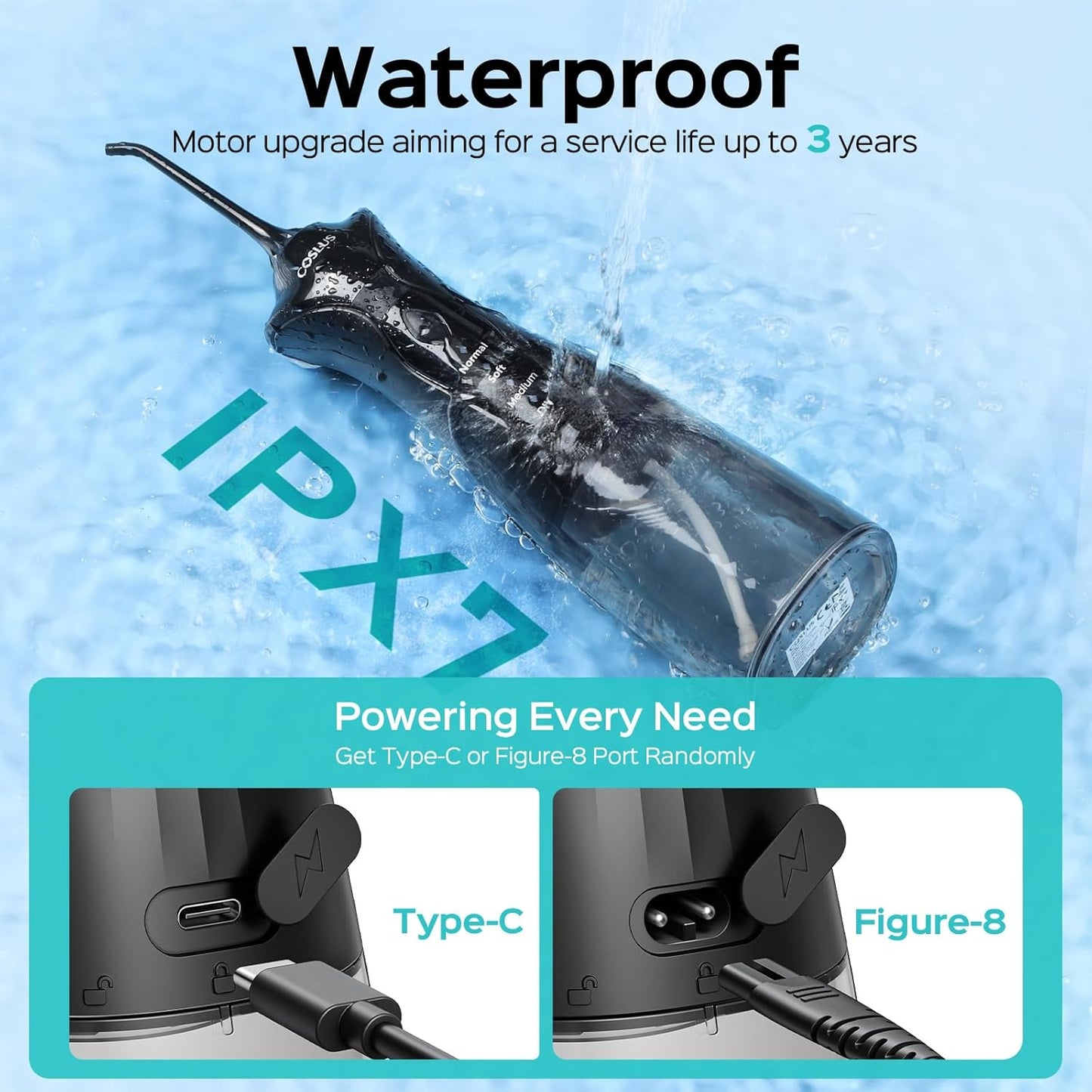 COSLUS Water Dental Flosser Pick for Teeth: 4 Modes Cordless Portable 300ML Larger Tank Water Teeth Cleaner IPX7 Waterproof Flossing Cleaning Picks for Home Travel Black C30(FC5360)