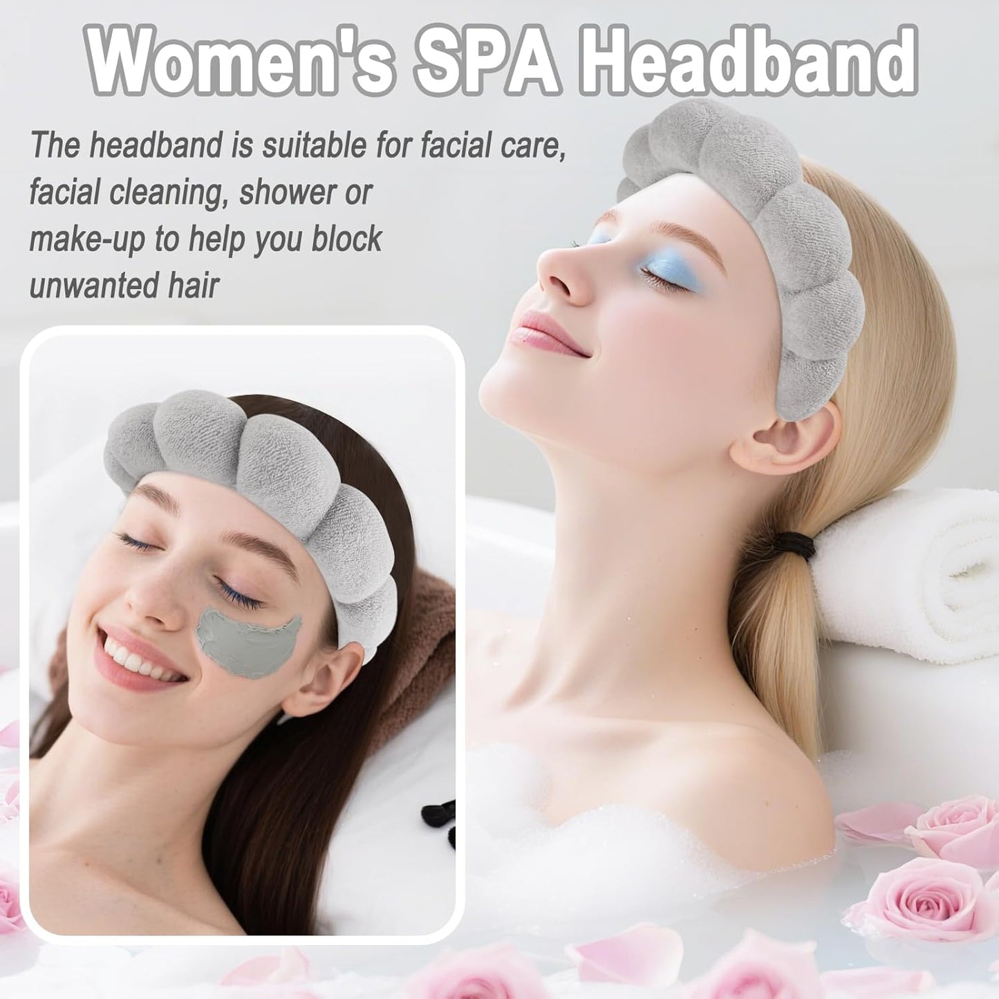 Zkptops Spa Headband for Washing Face Wristband Set Sponge Makeup Skincare Terry Cloth Bubble Soft Get Ready Hairband for Women Girl Puffy Padded Headwear Non Slip Thick Hair Accessory(Grey-2)