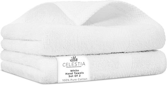 100% Cotton Hand Towel Set of 2, (16 x 28 inches) Sustainable, Soft, Highly Absorbent, Quick Drying, Combed Cotton Hand Towels Pack of 2 Ideal for Hotels, Spa, Bathroom, Dorm, White