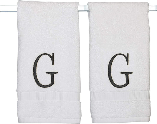 Black Powder Room Hand Towel - Monogram Initial Hotel Quality Decorative Embroidered Luxury Towel for Spa - GOTS Organic Certified - Pack of 2, Letter G