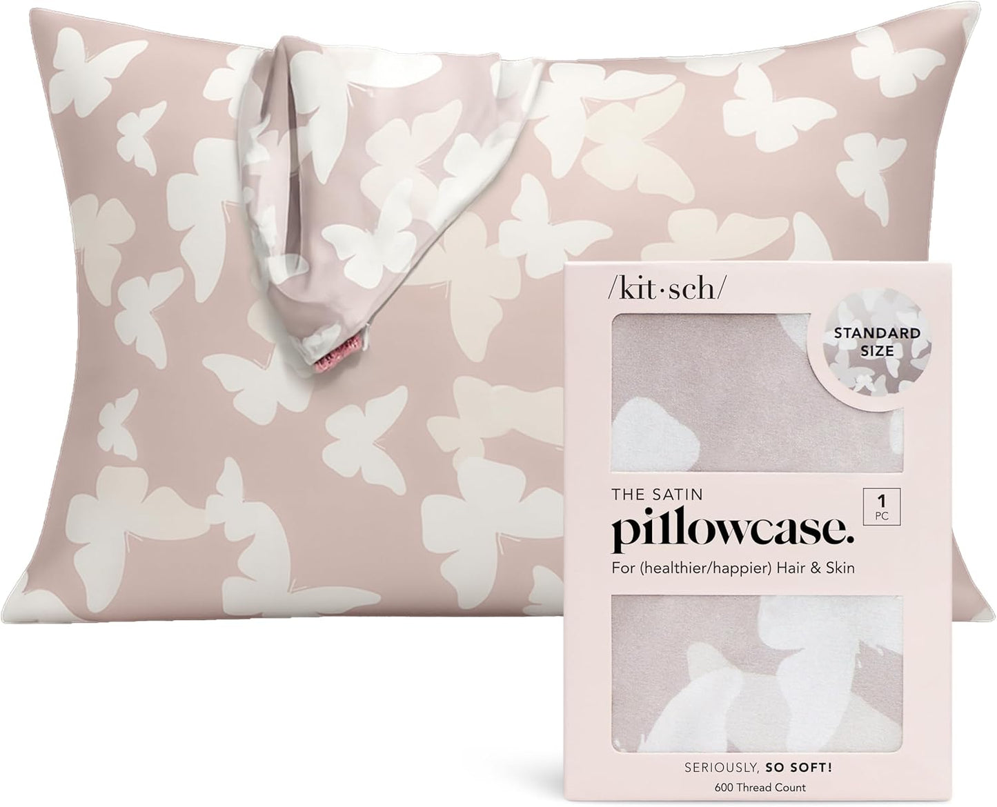 Kitsch Satin Pillowcase with Zipper for Hair & Skin, Softer Than Silk Pillow Cases Queen, Wrinkle-Free, Smooth and Cooling Satin Pillow Covers, Standard Size 19"x26", Champagne Butterfly