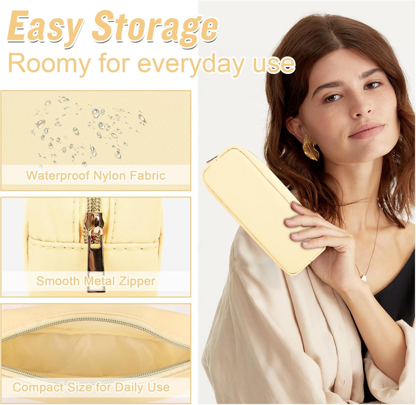 izuzta Nylon Small Makeup Bag Slim Pouch, Preppy Cute Makeup Brush Case Bag Cosmetic Zipper Pouch for Purse, Waterproof Travel Toiletry Bag Clutch Coin Pouch Makeup Organizer for Women Girls(Beige)