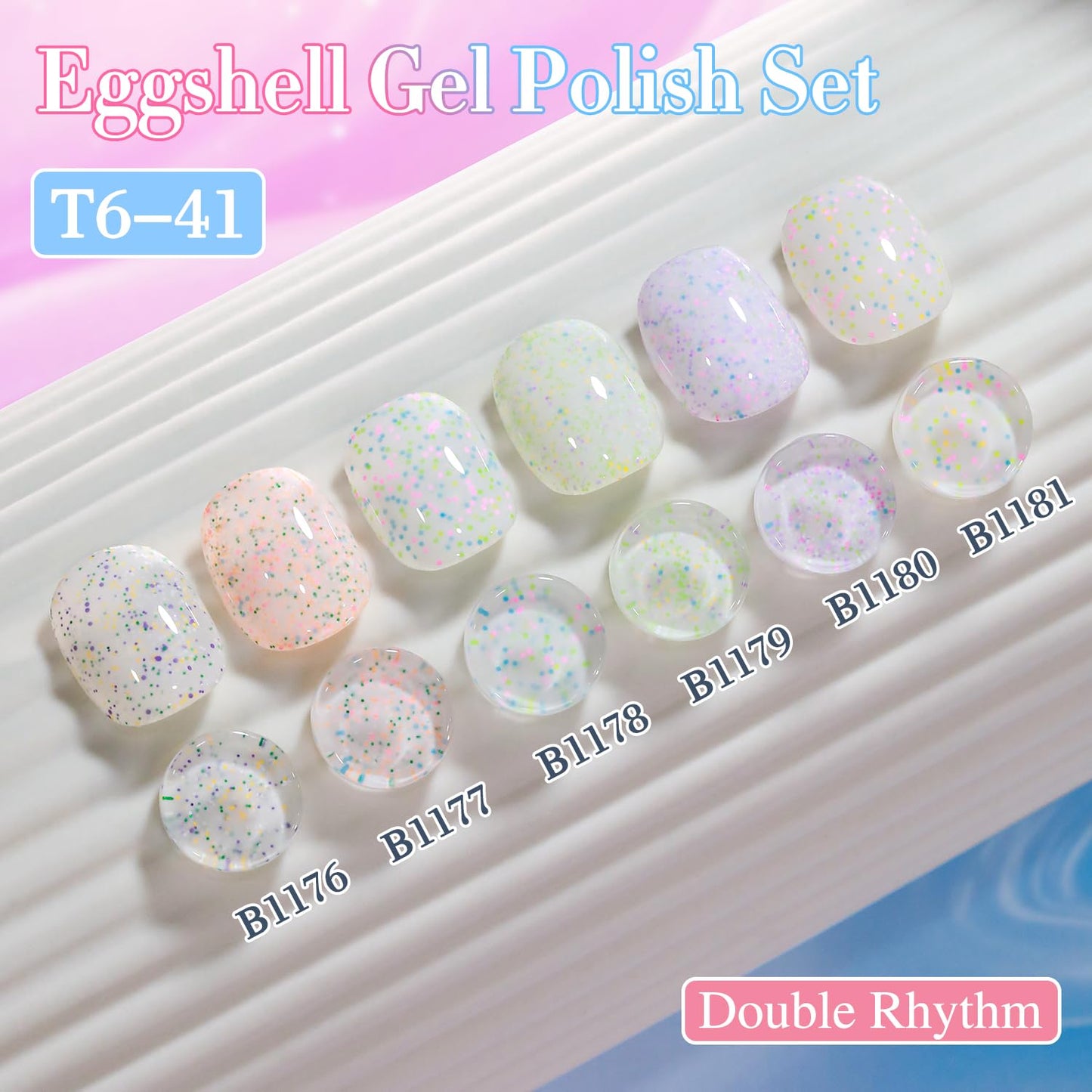 Double Rhythm 0.5 Oz Glitter Gel Polish Set of 6 Color with Display Borad 15 ml Full Size Kit Shimmer Reflective Sparkle Soak Off Manicure Salon DIY at Home (Eggshell Green Purple Colorful Dots-T6-41)