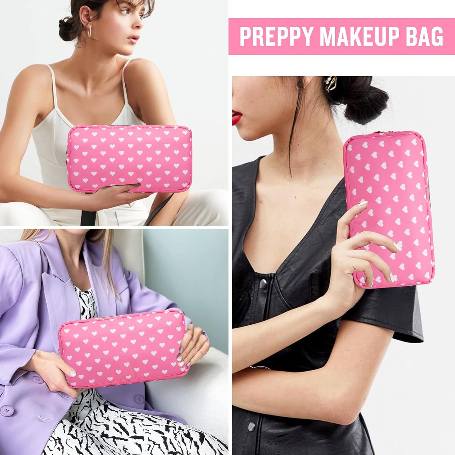 Nylon Small Makeup Bag for Purse, Cute Makeup Bag Preppy Cosmetic Zipper Pouch Purse, Waterproof Portable Travel Toiletry Bag Clutch Makeup Brush Bag Organizer Storage for Women Men Girls(Pink Heart)