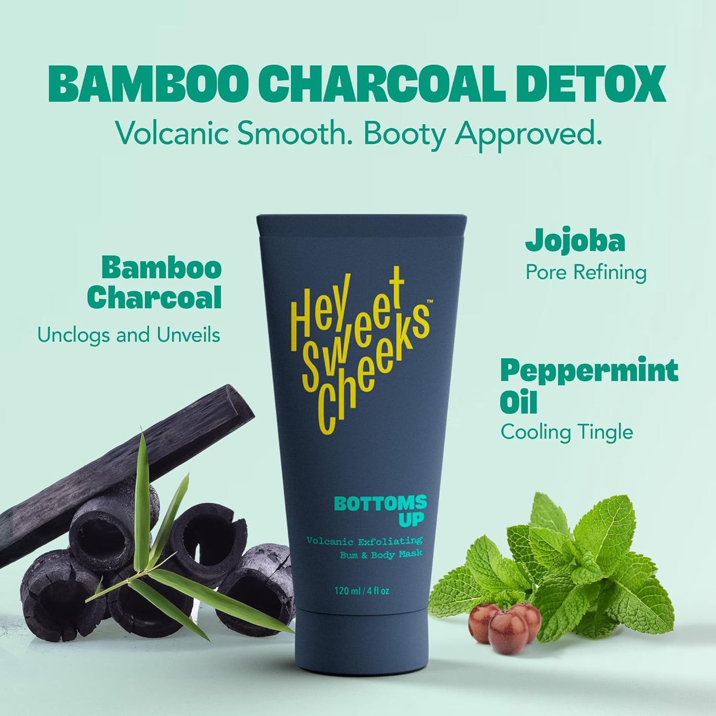 Charcoal Exfoliating Bum and Body Mask, Detoxifying Bamboo Charcoal and Volcanic Exfoliants for Radiant, Silky Smooth Skin, Bottoms Up by Hey Sweet Cheeks, 4 oz