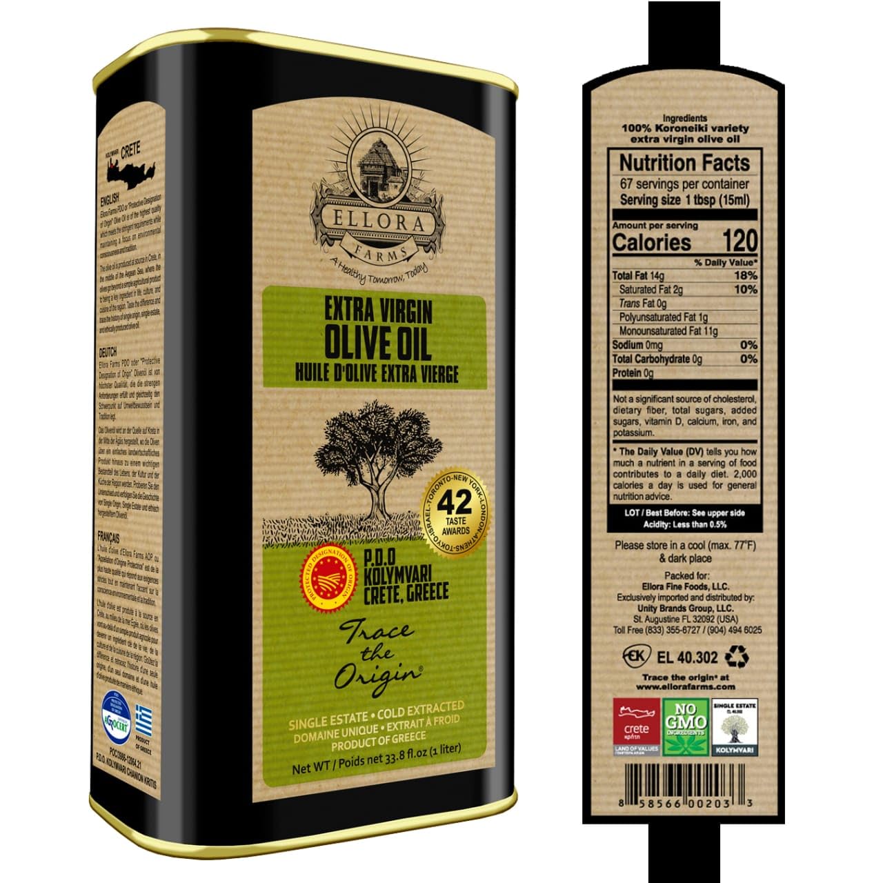 Ellora Farms Olive Oil Extra Virgin, Traceable & Certified PDO Polyphenol Rich Extra Virgin Olive Oil Cold Pressed, Global Gold Awards, Kosher, Single Origin from Crete, Greece 33.8 Fl oz, Pack of 2