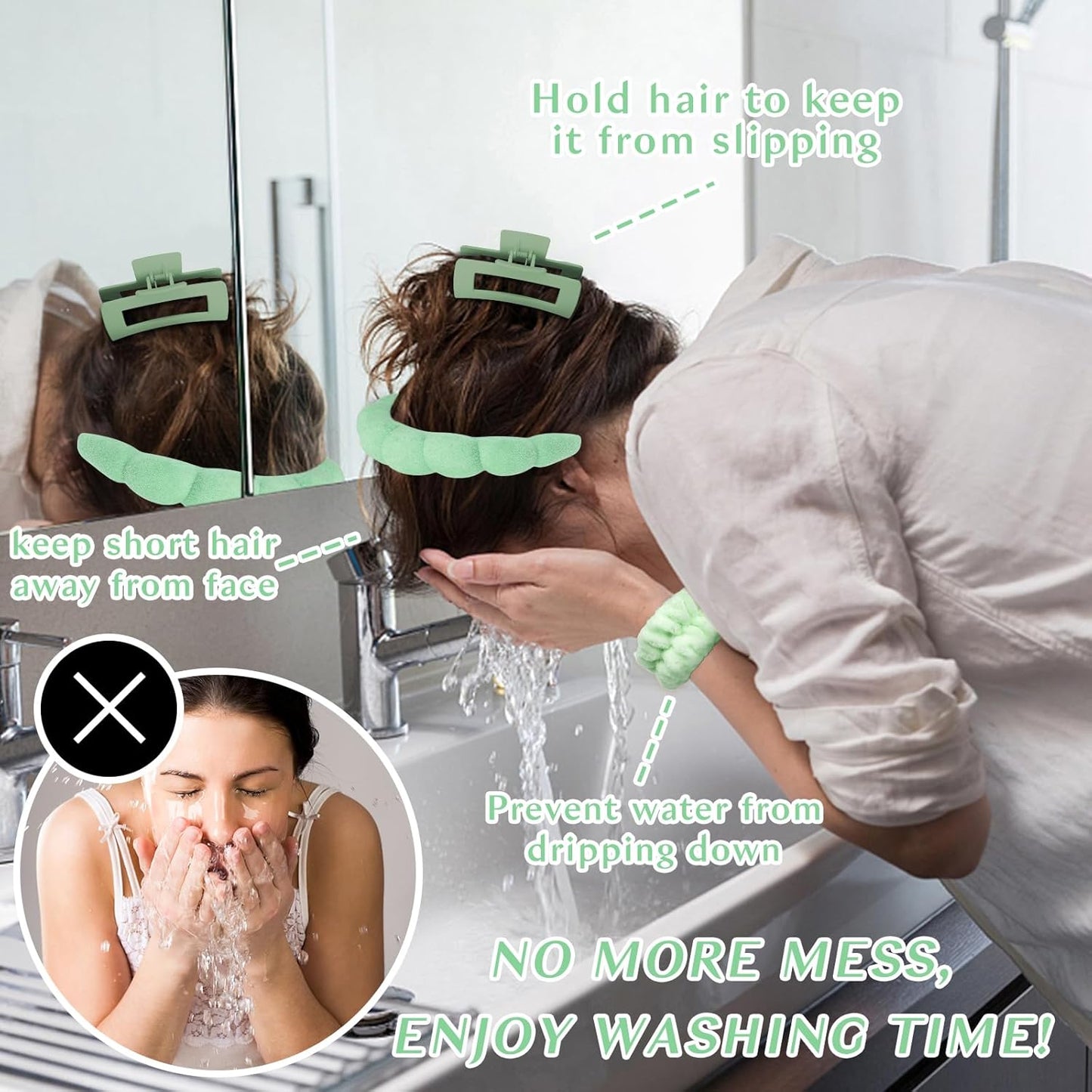 Wecoe Spa Headband And Wristband Set Skincare Headband For Washing Face Hair Claw Clips For Thick Hair Cute Green Puffy Sponge Makeup Bubble Head Band Wrist Towels Scrunchies For Women Girls