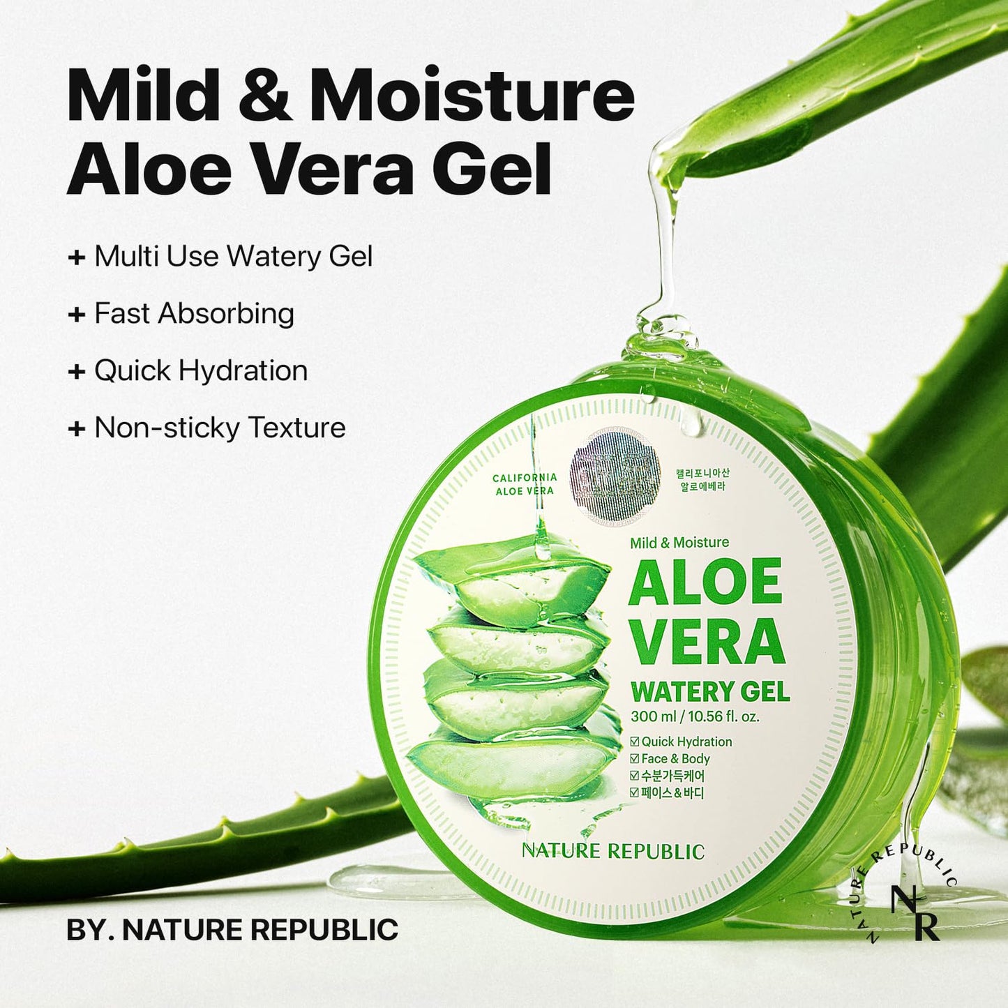 Nature Republic MILD & MOISTURE ALOE VERA WATERY GEL (1 PCS) Quick Hydration & Moisturizing,fast absorbing non-sticky texture,korean skin care for Face,Hair,Sunburn relief, aftershave, all Skin Types
