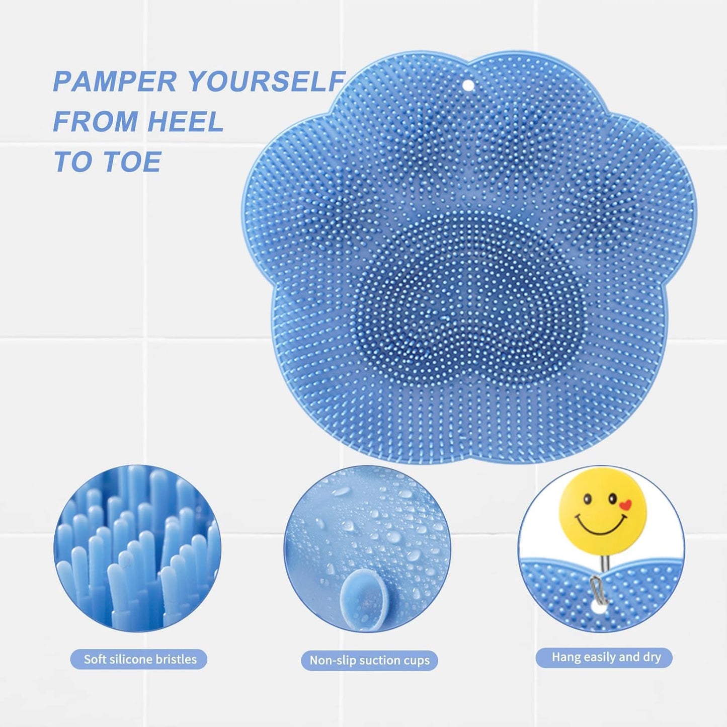 Shower Foot Scrubber Mat,Silicone Foot Scrubber for Shower,Silicone Body Scrubber with Suction Cups,Bath Feet Scrub Mat with Storage Hook(Blue)