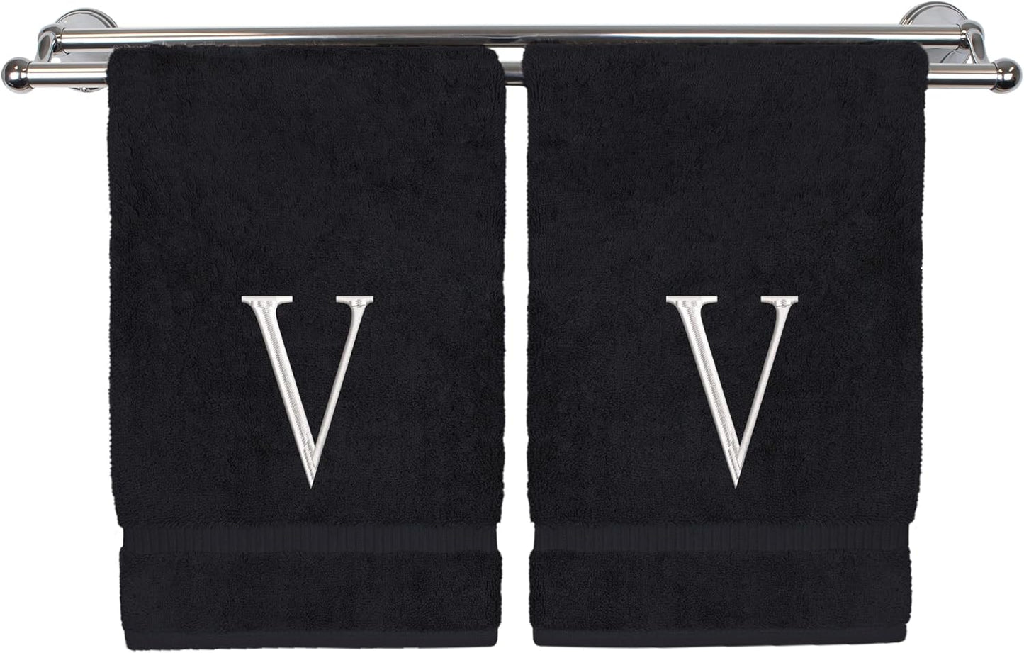 Monogrammed Hand Towel, Personalized Initial Gift, Extra Absorbent 100% Turkish Cotton - Soft Terry Finish - Set of 2 - White Block Initial V - Embroidered on Black Towels