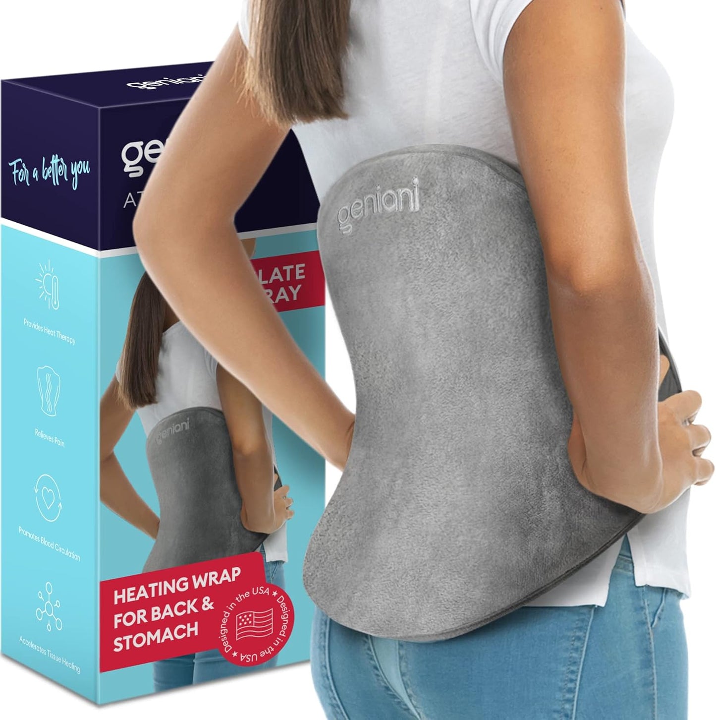 GENIANI Electric Throw - XL Heating Pad for Back and Cramps Relief, 15"x24" Electric Heat Pad with Auto Shut-Off, Adjustable Strap, Soft Fabric, Ideal for Lower Back & Stomach – Gift for Women & Men