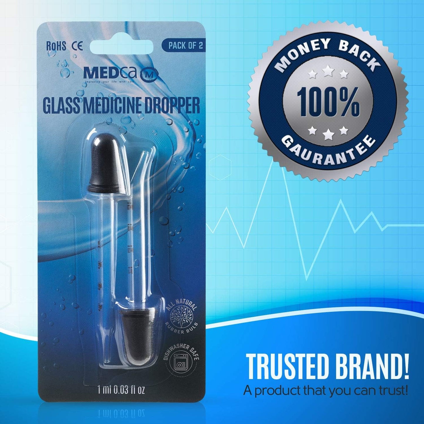 MEDca Eye Dropper - (Pack of 200 Bulk) Bent & Straight Tip Calibrated Glass Medicine Droppers for Medications or Essential Oils Pipette Dropper for Accurate Easy Dose and Measurement (1 mL Capacity)