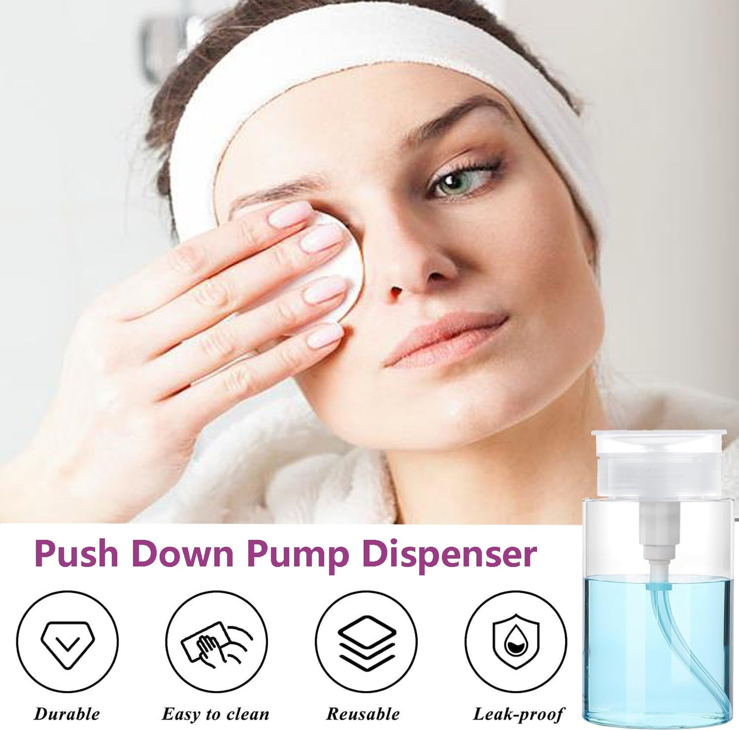 Push Down Pump Dispenser, 3.4oz Clear Pump Bottles with Alcohol, Acetone, Nail Polish Remover, Makeup Remover, Toner Stickers Empty Push Top Container for Liquid (100ml-4Pack)
