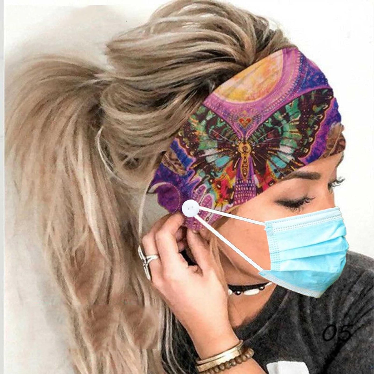 Olbye Wide Boho Headbands Headwrap Butterfly Stretch Button Hair Bands Bandana Yoga Running Athletic Turban Head Bands Head Scarfs Hair Accessories for Women 4Pcs (Button)