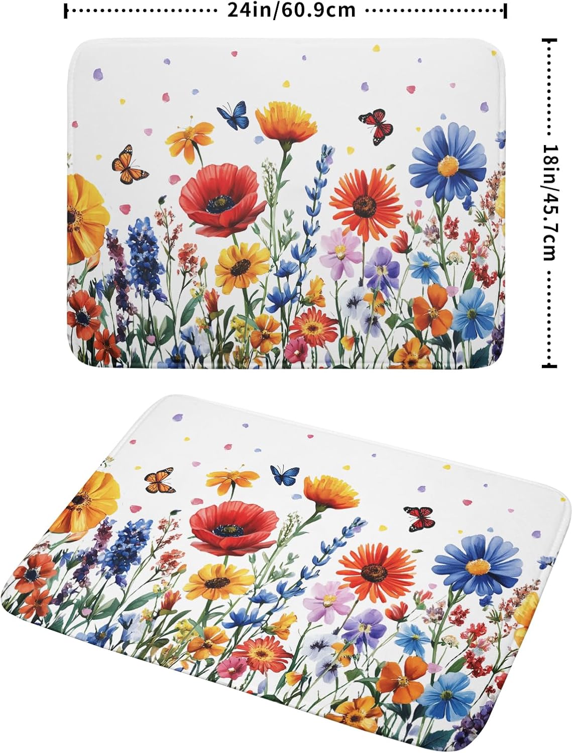 Watercolor Flower Dish Drying Mat 18x24 Inch Floral Butterfly Dish Drainer Protector Pad Washable Reversible Kitchen Counter Dish Dry Pad