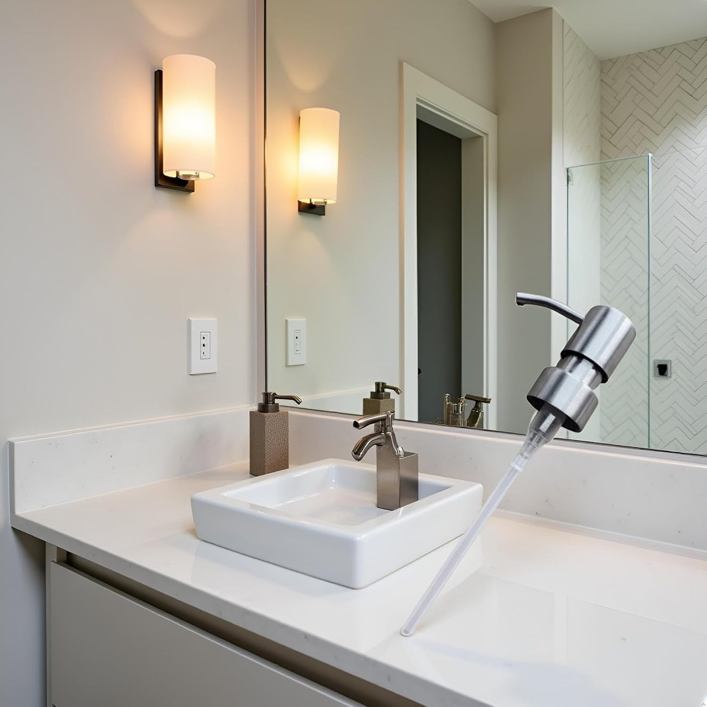 Silver Stainless Steel Minimalist Style Liquid Soap Dispenser for Bathroom, Foam Nozzle Pump Bottle Press Head - Stainless Steel, Countertop Soap Dispensers, Liquid Hand Soap Dispensers, Dispensers