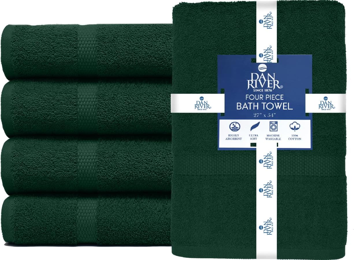 DAN RIVER Bath Towels Set of 4, 27 x 54 Inches, 100% Cotton, Larger & Lighter Weight, Quicker to Dry, Super Soft and Absorbent, Ideal Hotel Towels for Daily Use, Huntergreen