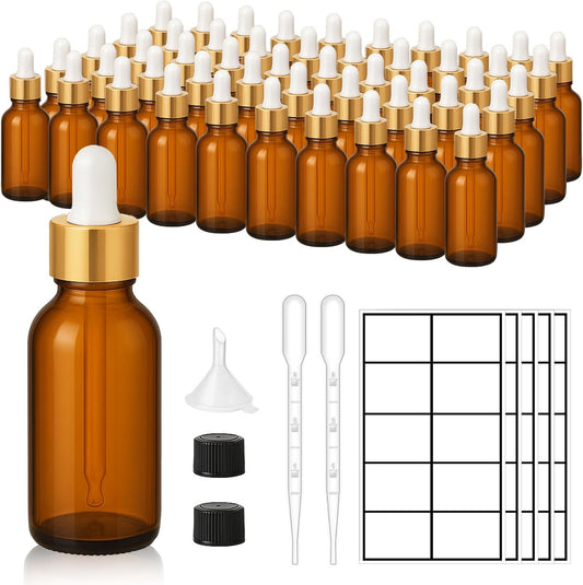 50Pack 1oz Amber Glass Dropper Bottles with Gold Lids, Funnels, Droppers, Extra Caps & Labels – Leakproof, UV Resistant 30ml Empty Bottle for Tinctures, Essential Oils, Beard, Hair Oils