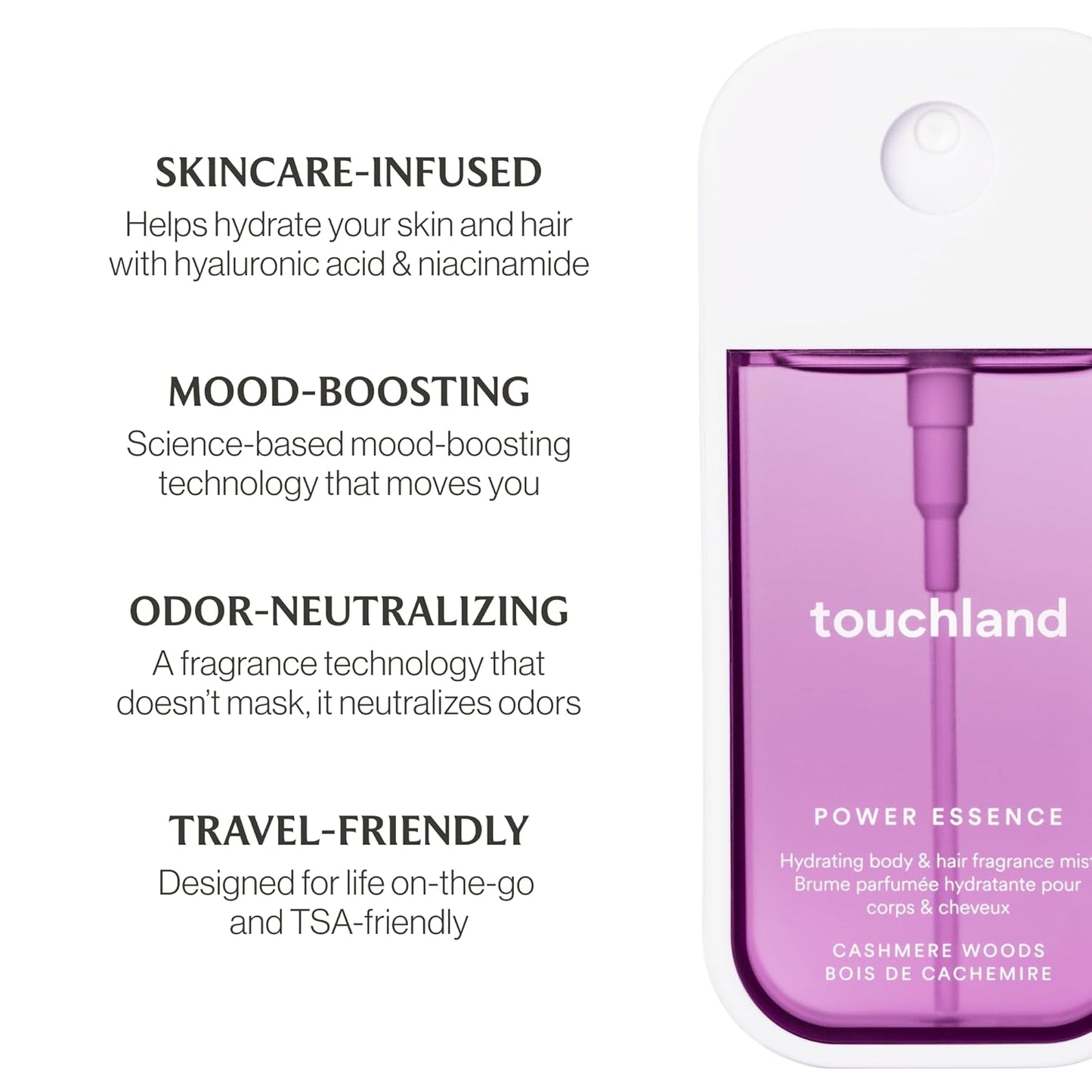 Touchland Power Essence Hydrating Body & Hair Fragrance, Cashmere Woods, 2 FL. OZ. Travel Size Body Mist