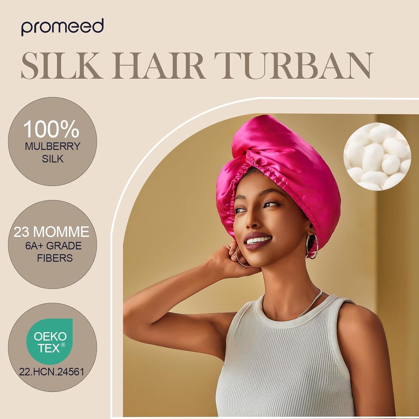 PROMEED Long Silk Hair Turban with Hyaluronic Acid Infusion, 100% 23 Momme Mulberry Silk Bonnet Hair Wrap for Sleeping