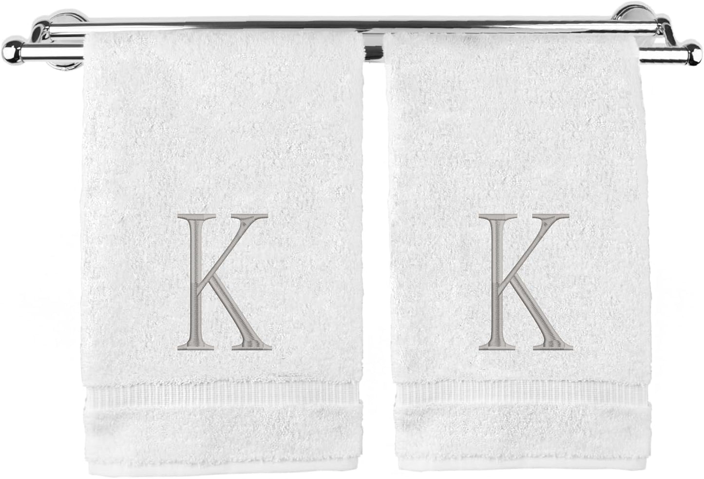 Monogrammed Hand Towel, Personalized Initial Gift, Extra Absorbent 100% Turkish Cotton - Soft Terry Finish - Set of 2 - Silver Block Initial K - Embroidered on White Towels