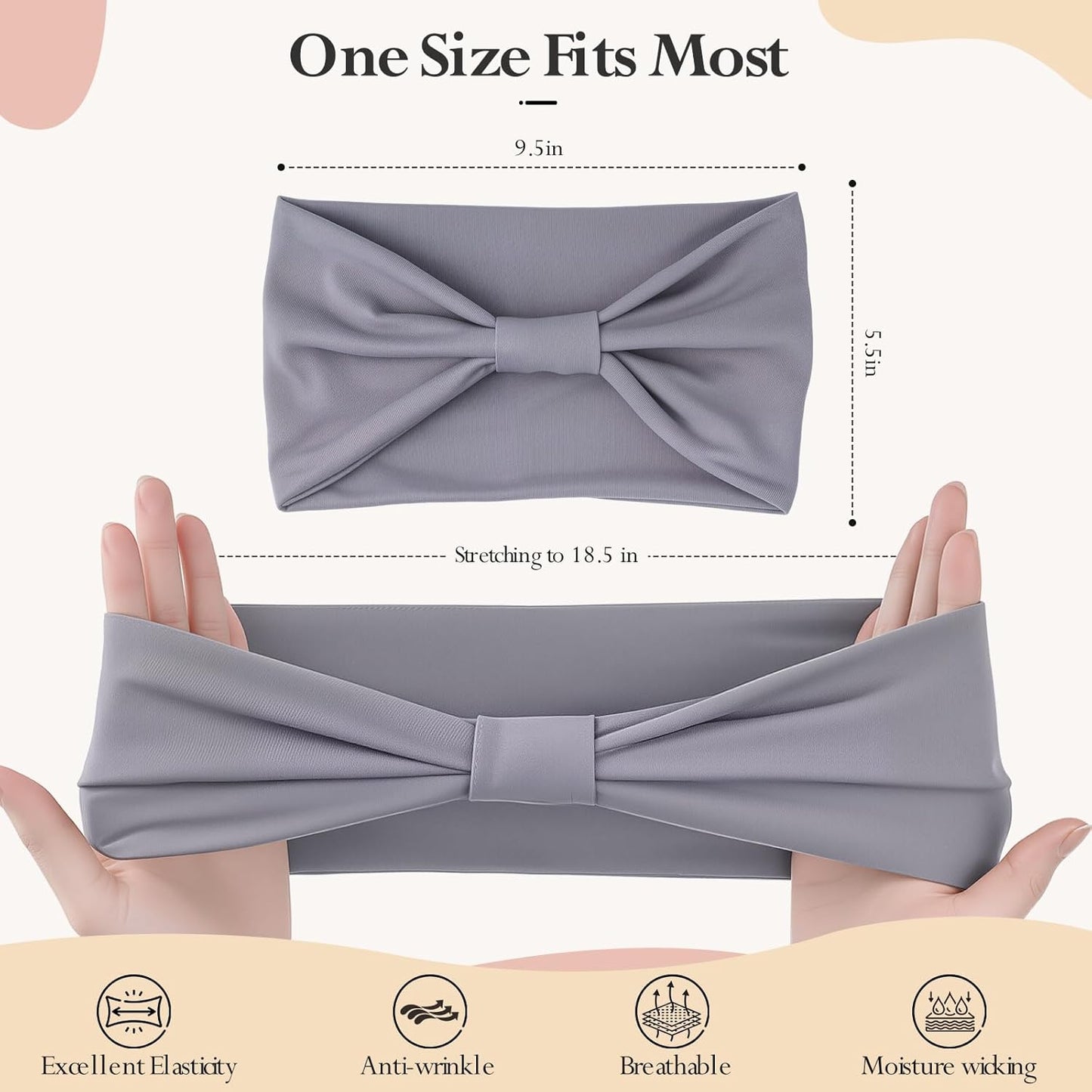 Headbands for Women, Wide Elastic Head Bands, Non-Slip Thick Hair Bands, Sports Stretchy Sweat Bands, Large Knotted Soft Headband for Washing Face, Makeup, Workout, Spa, Two Black/White/Gray