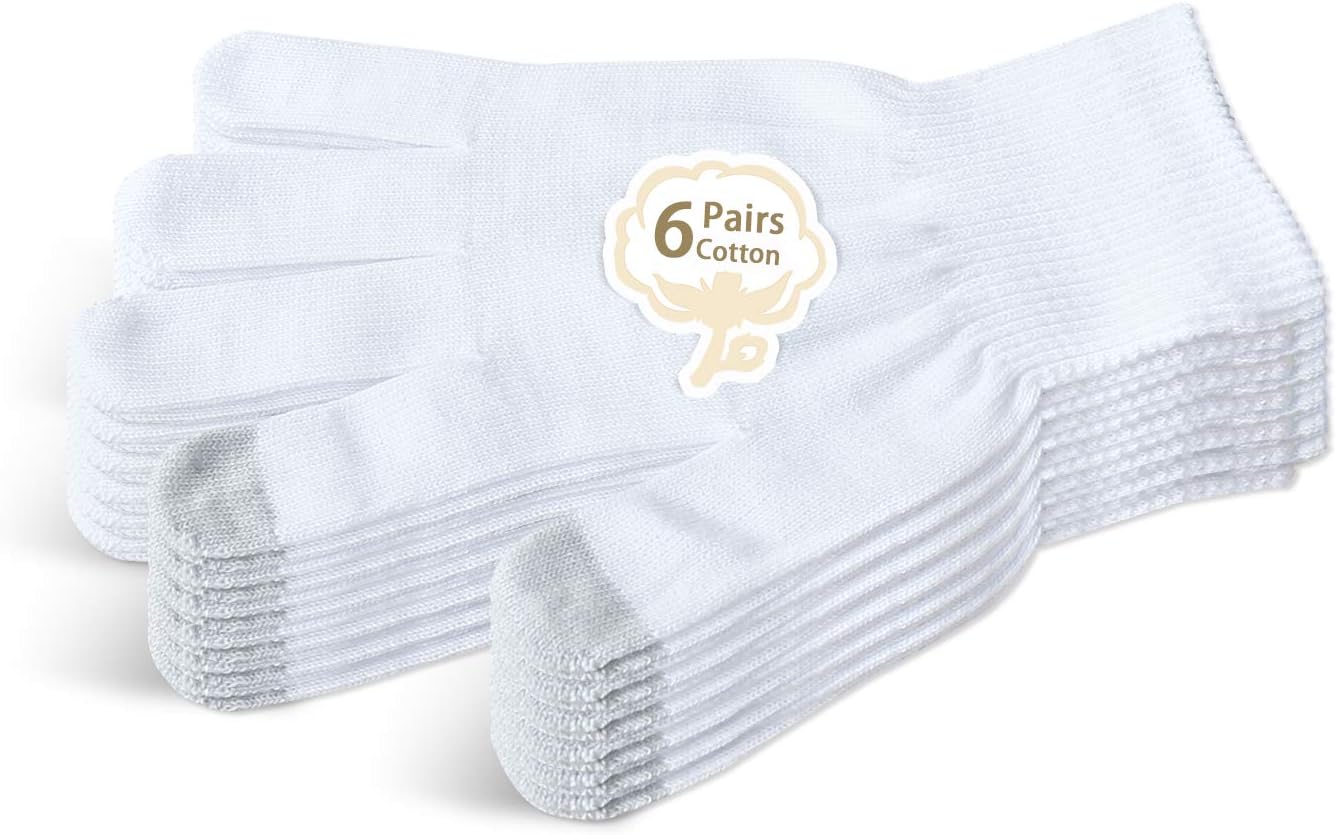 Evridwear Unisex Moisturizing Cotton Gloves with Touchscreen Fingertips for Eczema Beauty Cosmetic Dry Hands Sensitive Irritated Skin Therapy Overnight Bedtime, 6 Pairs, Lightweight-White, L/XL