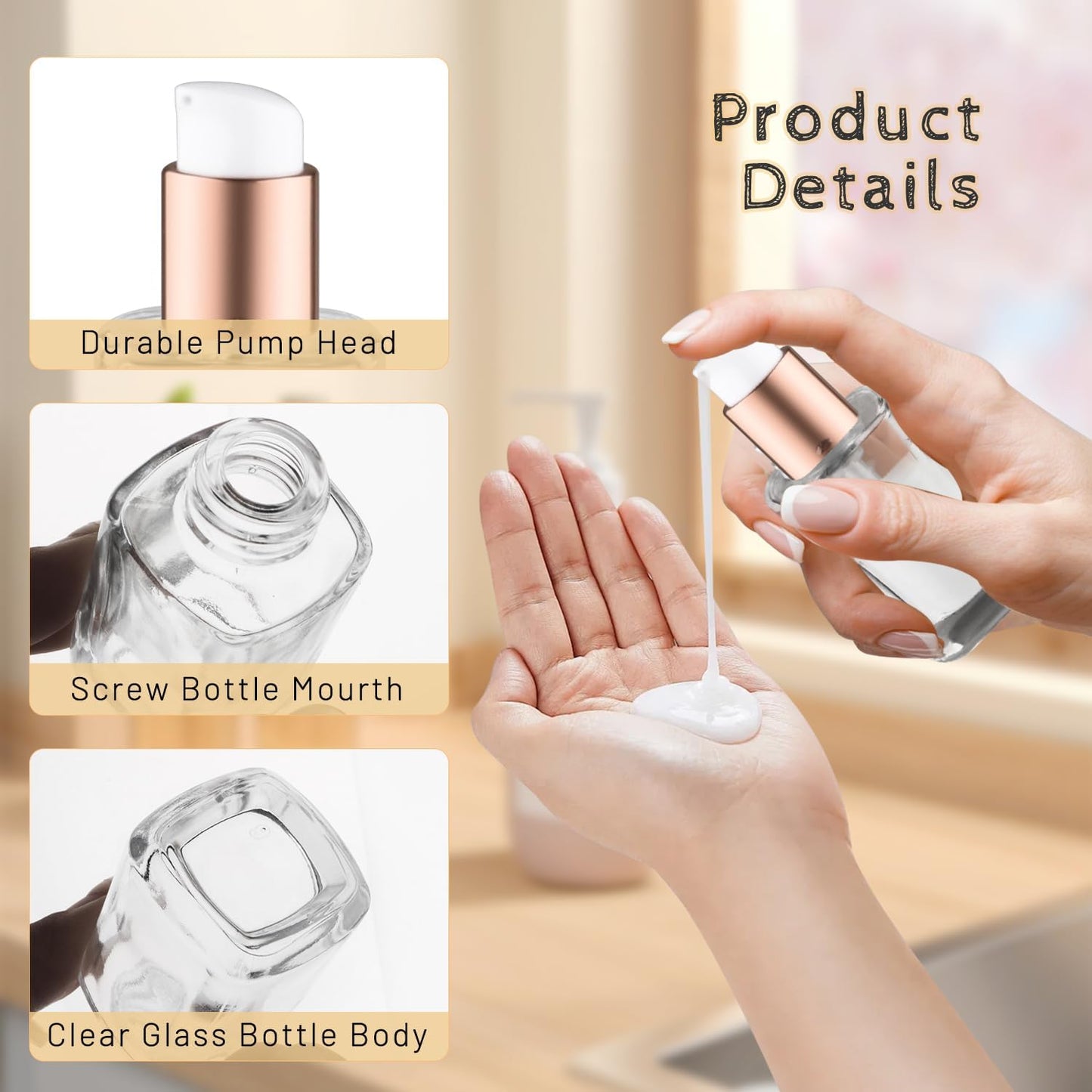 6Pcs 15ml/0.5oz Small Clear Pump Bottle with Gold Lid Glass Lotion Jars Travel Size Liquid Foundation Dispenser Refillable Cosmetic Containers for Cream,Shampoo,Conditioner