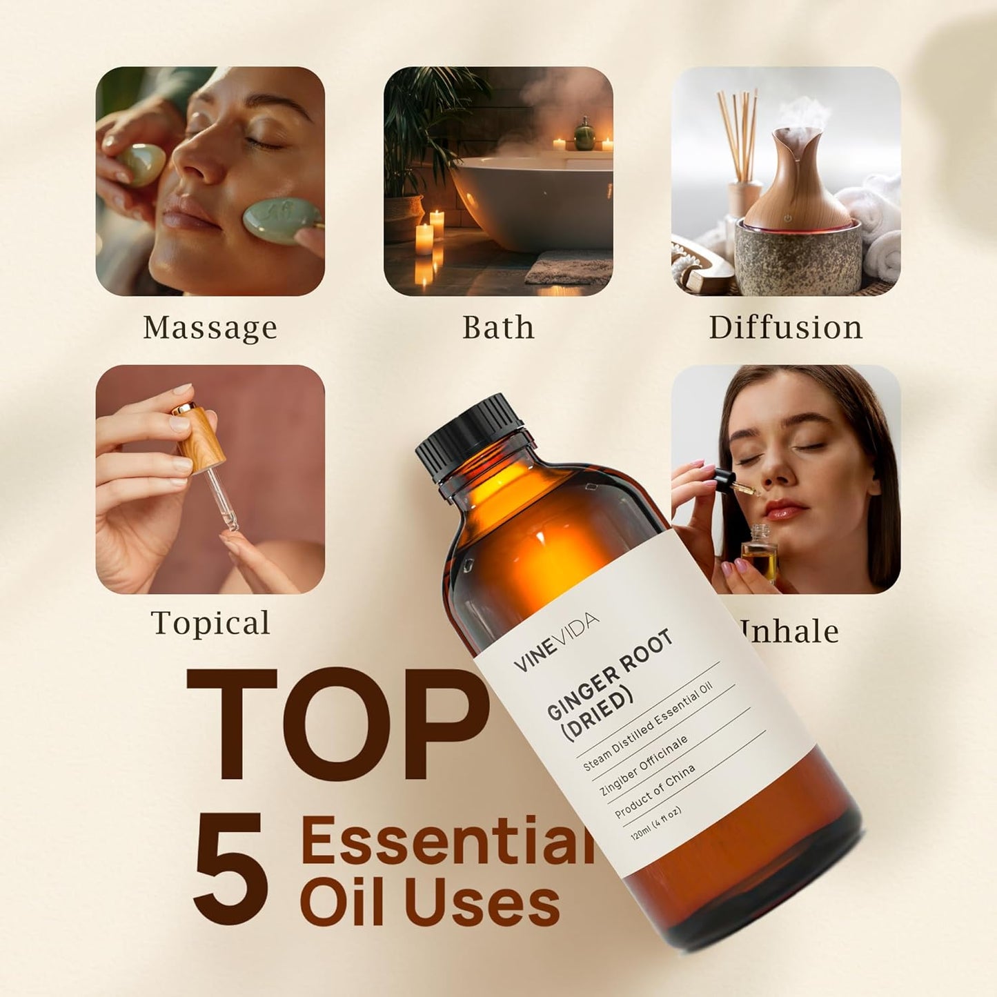 VINEVIDA Dried Ginger Root Essential Oil 4 oz - Undiluted Ginger Root Oil 4 oz - Ginger Root Candle Oil Scent - DIY Candle Scents for Candlemaking - Bulk Essential Oil for Soap Making Safe for Skin