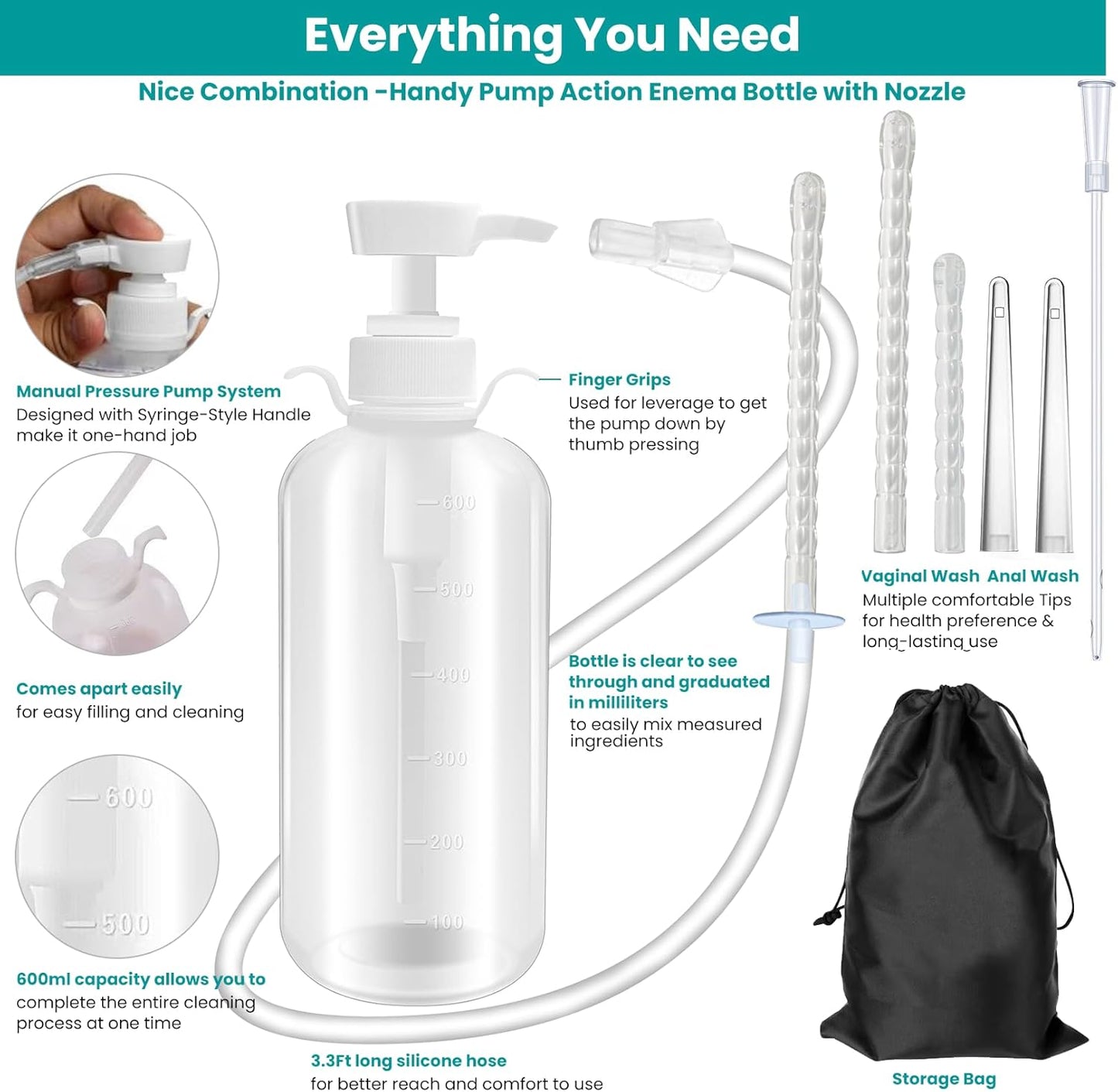 600ml Feminine Wash Enema Pump Bottle Kit 6Pcs Enema Nozzle Tips for Coffee Colon Cleansing Men Women, Anal Vaginal Douche Flush Spray Intimate Shower Irrigator Cleanser Enema Bucket Kit Hand Press