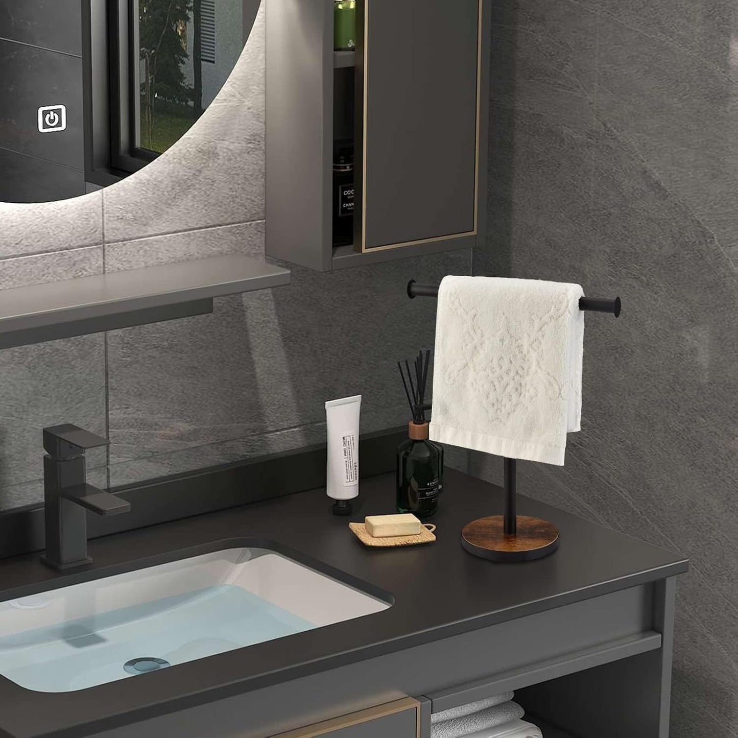 Towel Holder Stand, Countertop Hand Towel Stand for Bathroom and Kitchen, Free Standing Counter Towel Rack with Weighted Wood Base, Rustic Black and Brown