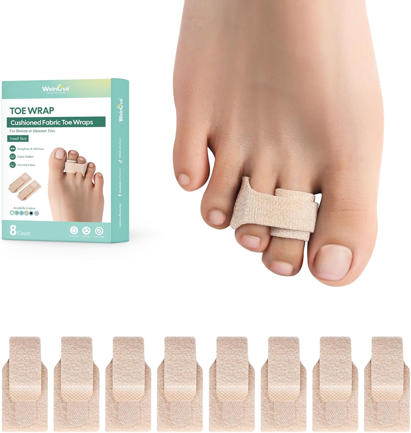 Welnove Hammer Toe Straightener - 8 Pack Broken Toe Wraps - Hammer Toe Corrector for Women - Toe Splints for Crooked Toes, Curled Toes, Bent Toes - (Small, Beige)