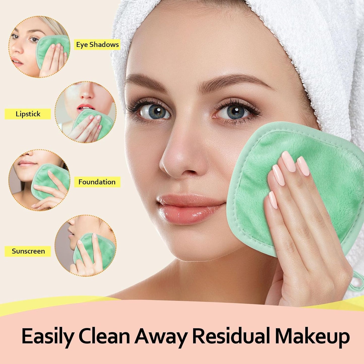 HOMEXCEL Makeup Remover Cloth 12 Count (Pack of 1), Reusable Makeup Remover Pads, Washable Ultra Soft Facial Cleansing Cloths for All Skin Types, 5 X 5 In, Green