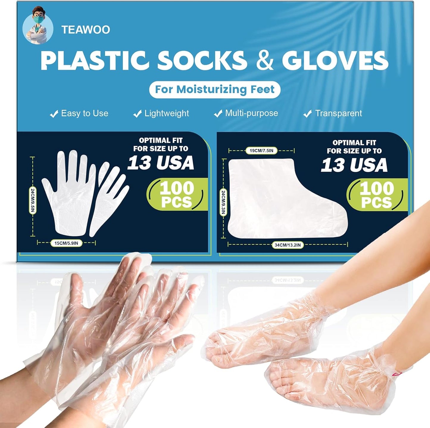 200PCS Disposable Hand & Foot Mask Set, 100P Hand Masks + 100P Foot Masks with Stickers, Leak-Proof Moisturizing Covers for Paraffin Therapy & at-Home Skin Care (Feet Fit up to US 13)