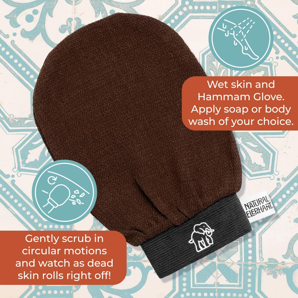 Natural Elephant Exfoliating Hammam Glove - Face and Body Exfoliator Mitt 5 and 10 Packs (1 Black, 1 Brown, 1 Lilac, 1 Teal, 1 Pink (Pack of 5))