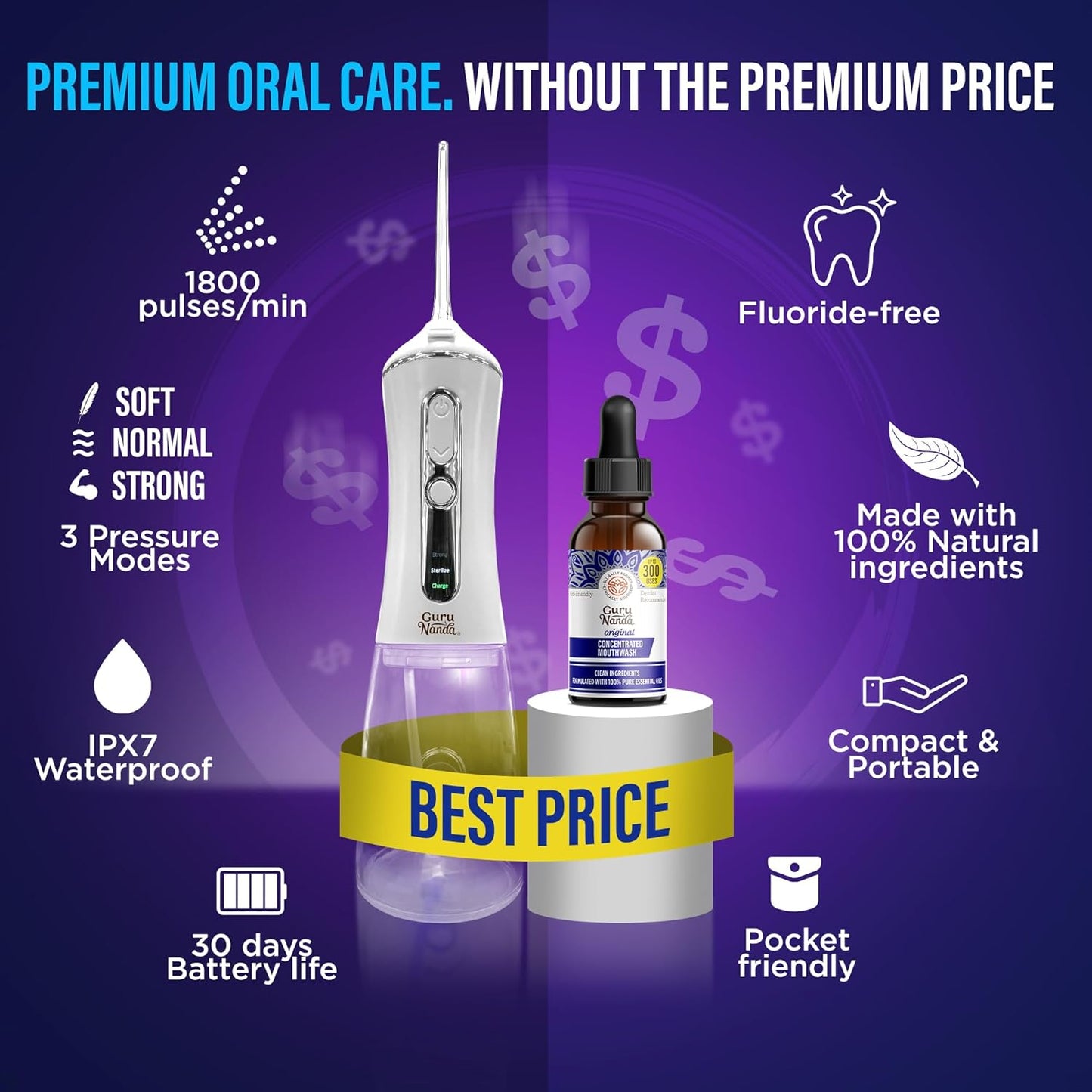 GuruNanda Advanced Water Flosser 2.0 with UV Mode & Concentrated Mouthwash Duo - Fresh Breath & Thorough Plaque Removal for a Brighter Smile