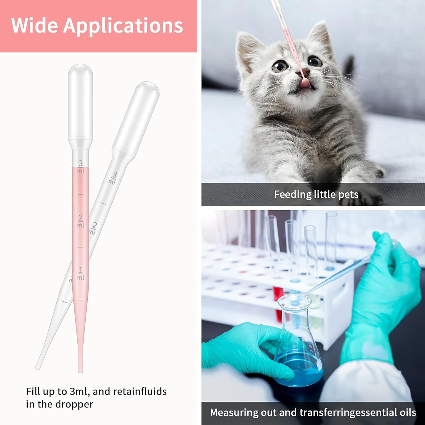 G2PLUS 100PCS 3ml Disposable Plastic Pipettes, Essential Oils Graduated Transfer Pipettes for Science Laboratory, Experiment, Essential Oils, Make up Tool