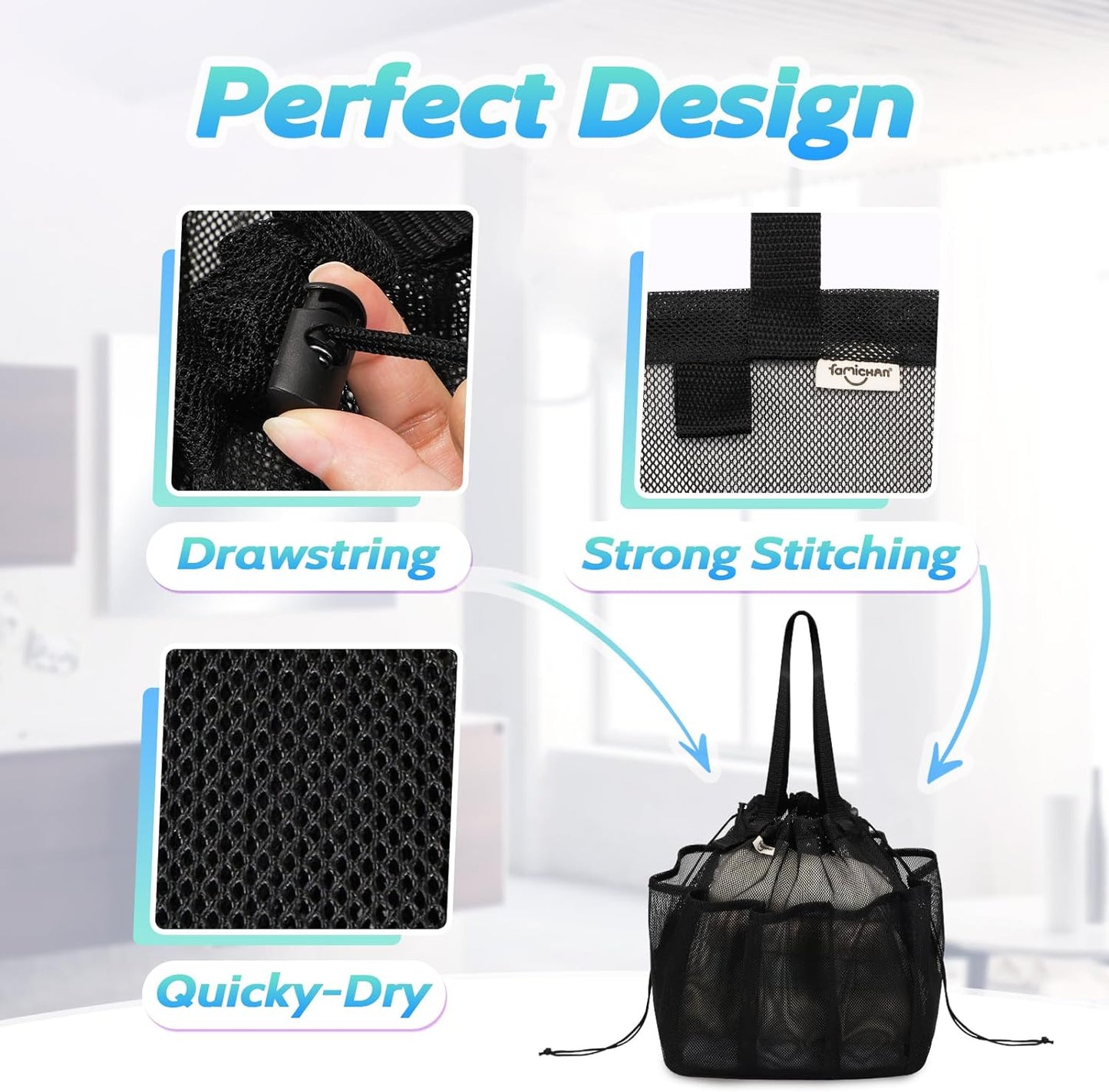 Mesh Shower Caddy Portable with Drawstring, Dorm Room Essentials for College Students boy & girl, Larger Shower Bag for Camping,Swimming,Gym,Travel,Bathroom - Black