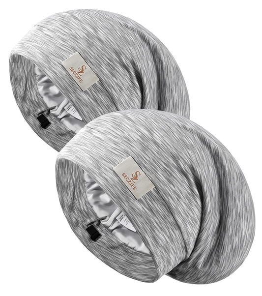 2PCS Silk Satin Bonnet Hair Wrap for Sleeping, Adjustable Strap Curly Natural Hair Night Caps for Women Men(Gray&Gray)