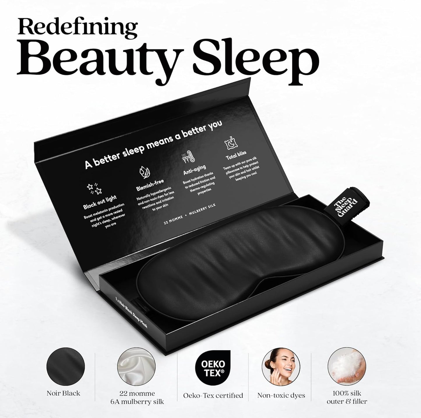 TheSleepGuard Pure Silk Sleep Mask [100% 6A Mulberry Silk, 22 Momme] Light Blocking Travel Essentials. Eye Masks for Sleeping. Black Oeko-Tex Blindfold. Eye Covers for Men & Women