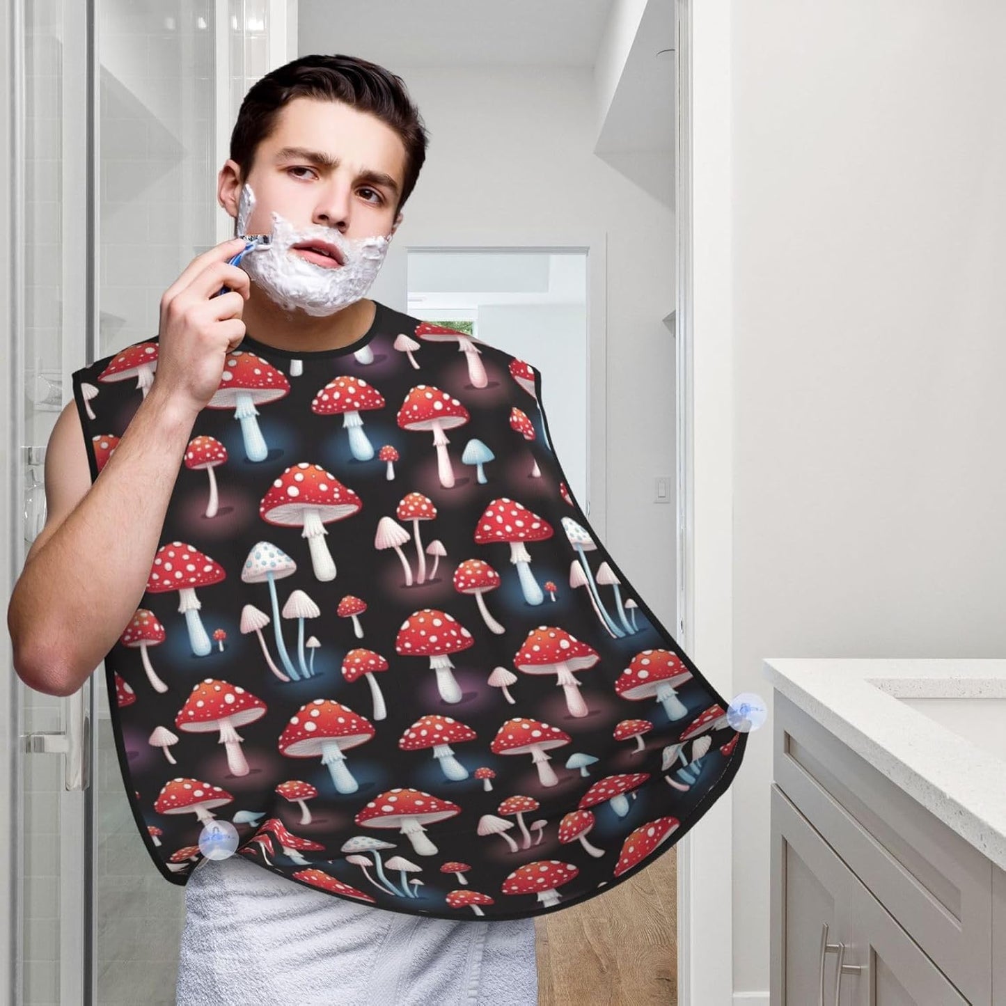 Waterproof Grooming Apron, Non-Stick Beard Bib with Suction Cups, for Goth Red Mushrooms