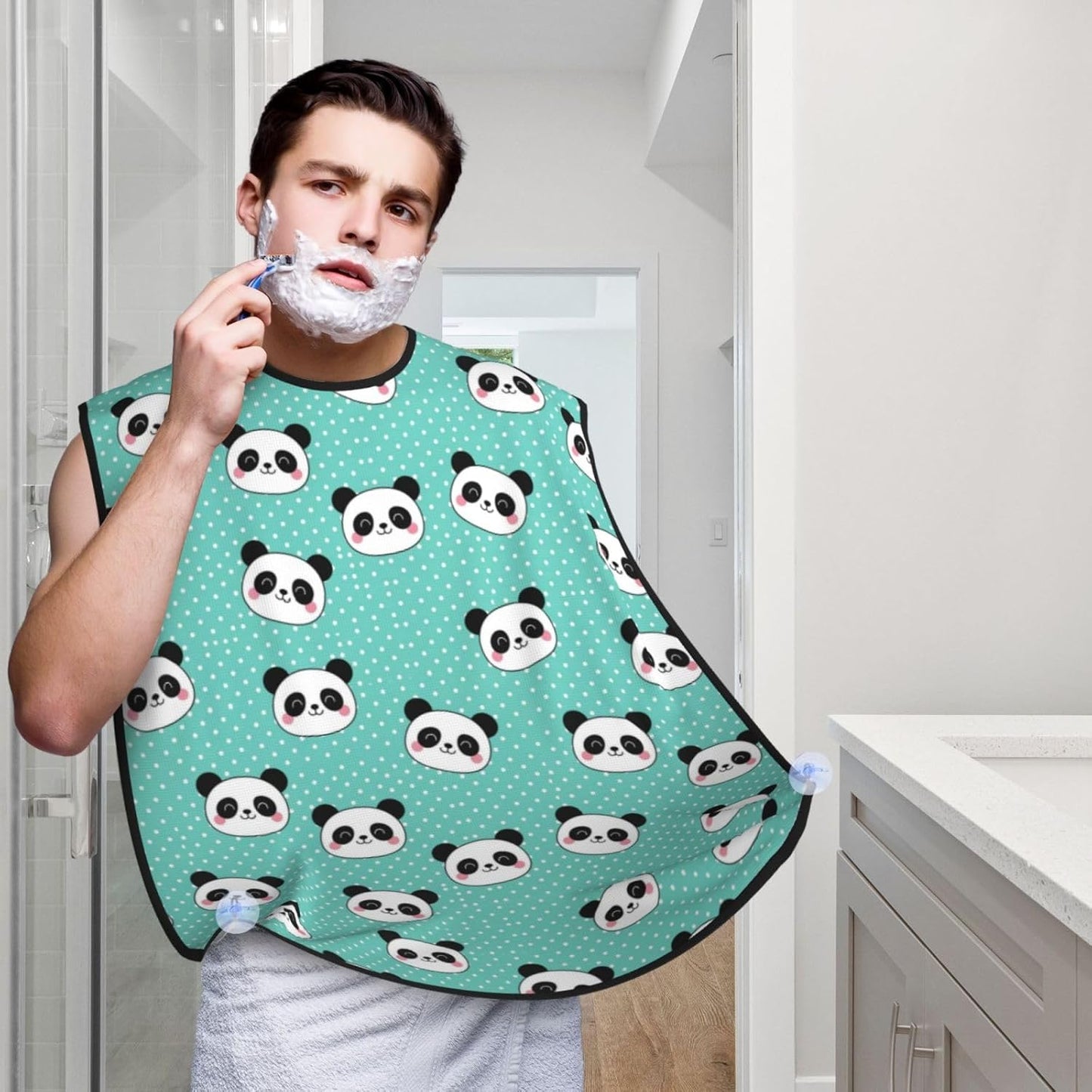 Beard Shaving Cape with Suction Cups, Kawaii Panda Face Polka Dot Teal Mint Green Shave Bib, Non-Stick Waterproof Hair Catcher, Grooming Bib for Men Husband