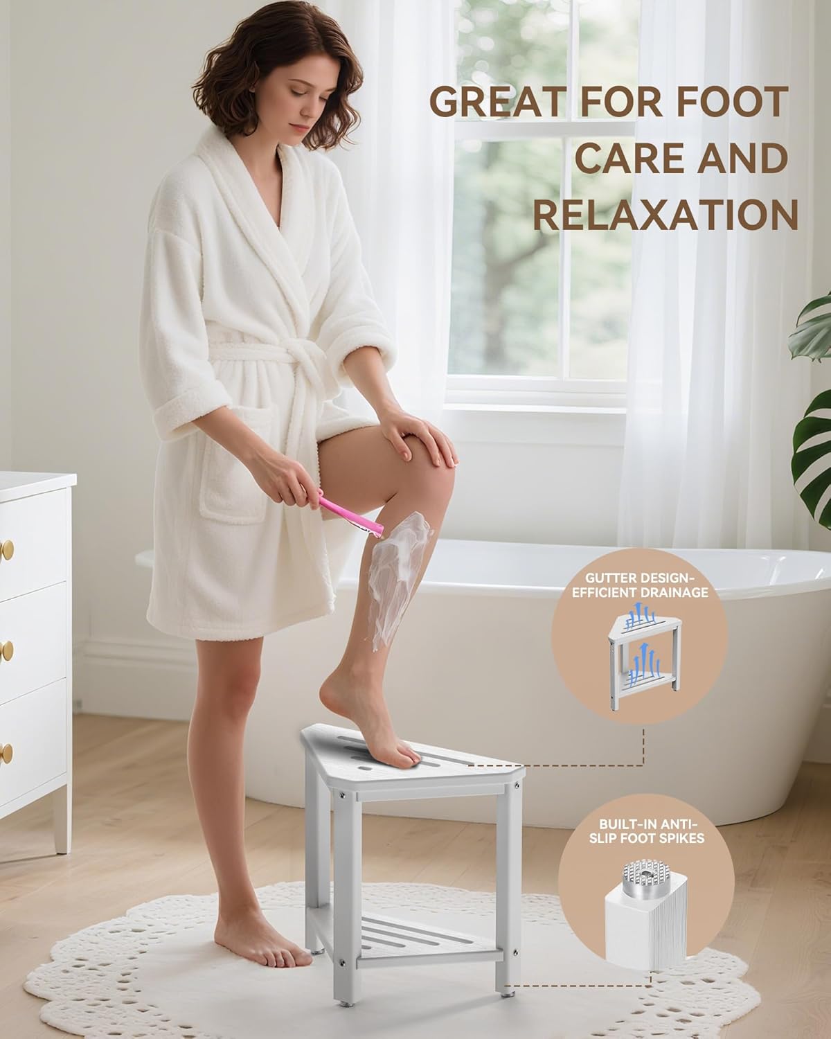 Shower Foot Rest 15in, HDPE Waterproof Shower Stool for Inside Shower, Corner Shower Stool for Shaving Legs with Storage Shelf for Small Space, Shower Step Stool, Plastic Corner Shower Bench, White