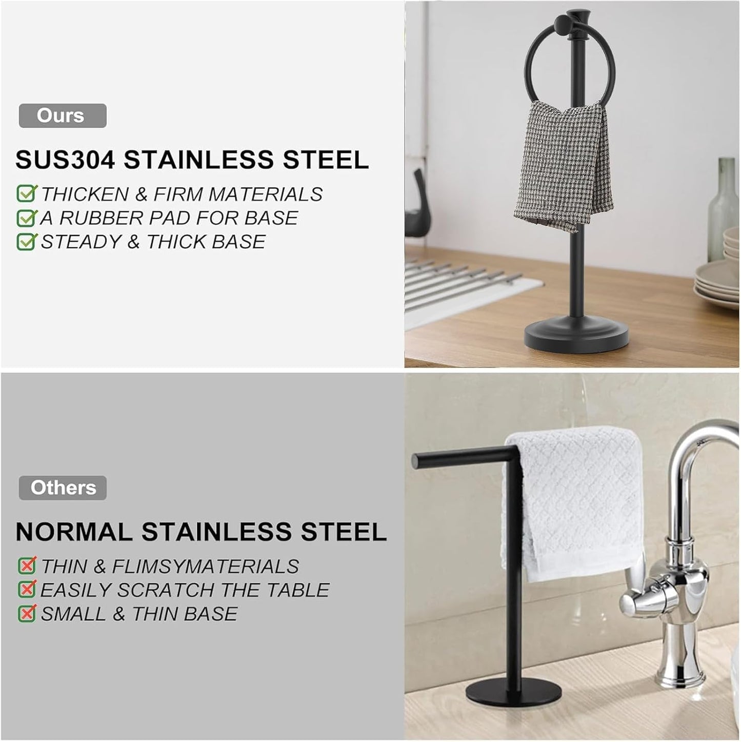 Hoimpro 17 Inch Stand Hand Towel Holder Towel Bar Towel Hanging Ring, Free Standing Floor Hand Towel Rack Storage for Bathroom Kitchen Vanity Countertops, Hardware Accessories(Matte Black)