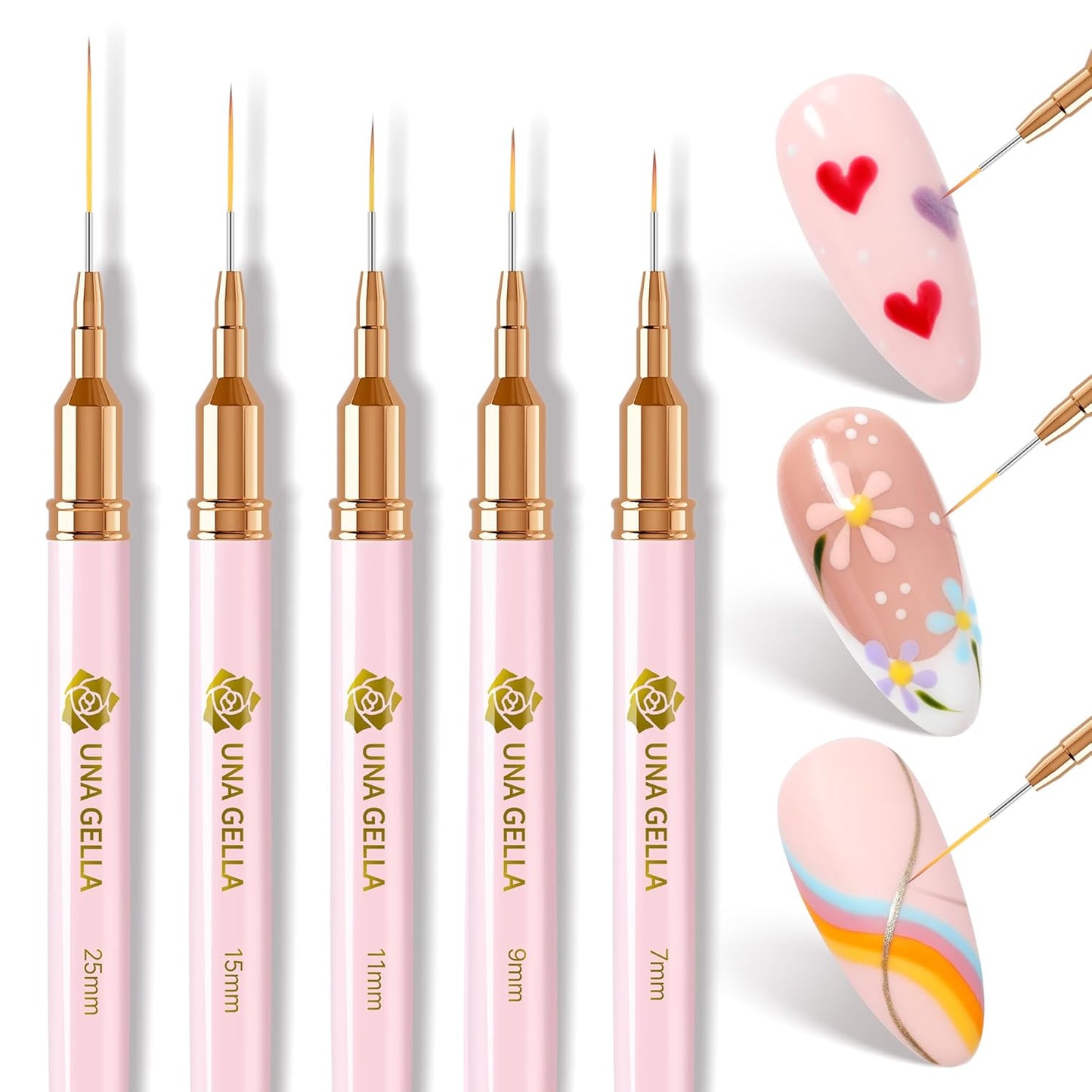 UNA GELLA Nail Art Brushes Metallic, 5 Count Liner Pens Set For Nail Art Gel Polish, Detail Nail Art Design Painting Brush Set For Nails Gel Fine Drawing Nail Tools, Sizes 7/9/11/15/25mm