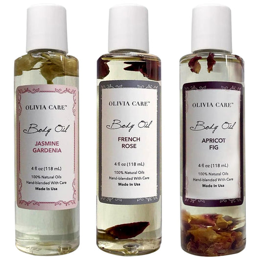 Olivia Care 3 Pack Body Oils: Apricot Fig, French Rose, Jasmine Gardenia - Natural Perfume Oils For Women & After Bath Oils Body Moisturizers, Rich in Vitamin E, K, & Omega (3 Scents)