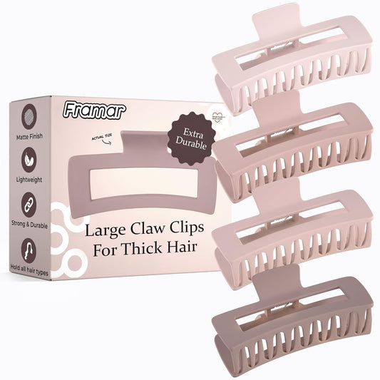 FRAMAR Large Claw Clips For Thick Hair – Large Hair Clip For Thick Hair, Big Hair Clips For Women, Claws Clips For Women, Pink Hair Clips, Pink Claw Clip - 4 Pack Non Slip Matte Finish