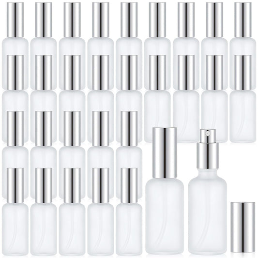 Roshtia 30 Pcs 1.69 oz/ 50 ml Silver Glass Spray Bottle Refillable Perfume Atomizer Clear Decorative Empty Bottles with Fine Mist Sprayer Pump for Face Body Travel