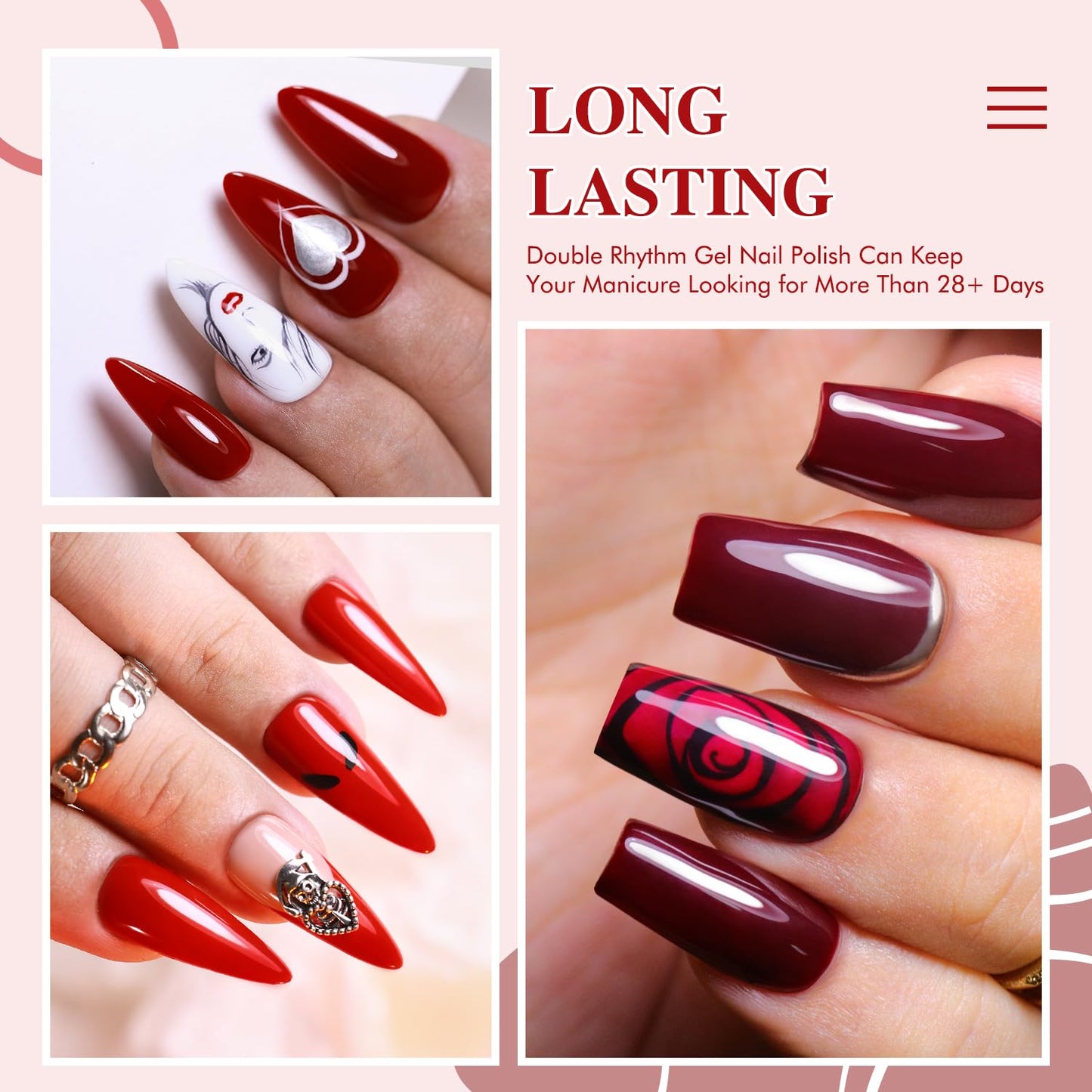 Double Rhythm Gel Nail Polish Set of 6 Colors Baby Light Pastel Milky Nail Polish Starter Kit Art DIY Salon Home (Red Glitter Dark Neon Red Maroon Burgundy,Kit 15)